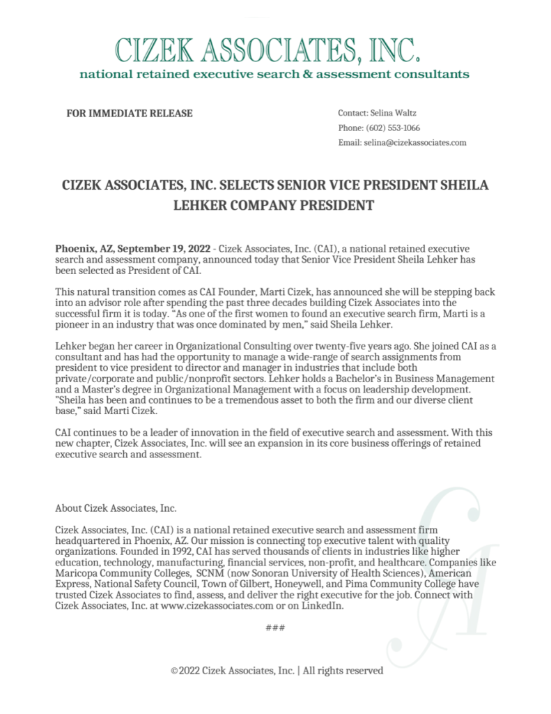cizek associates press release September 2022