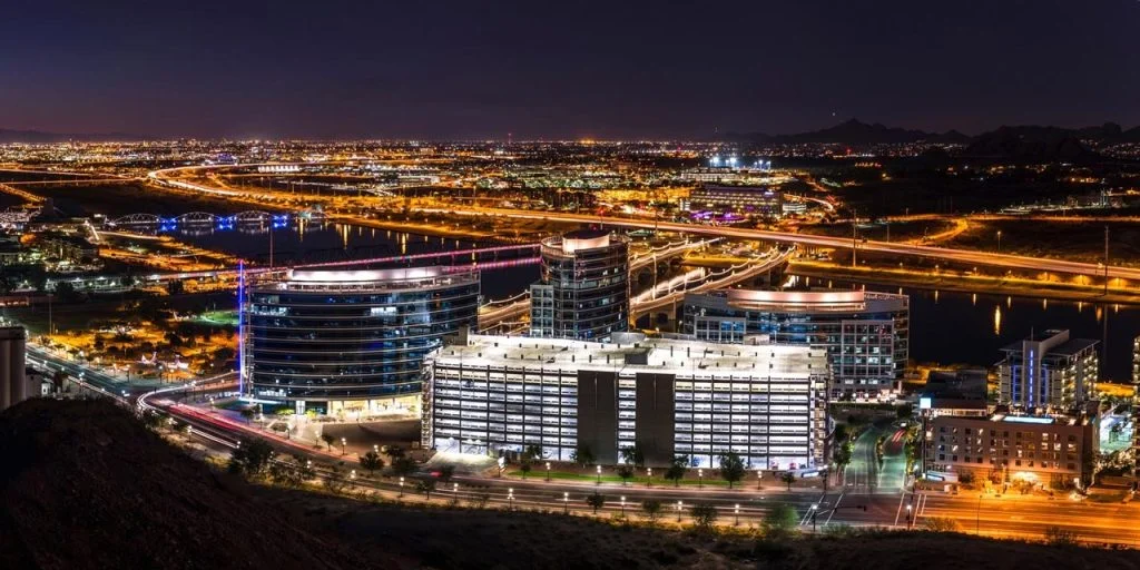 Aerial shot of Tempe Town Lake at night
